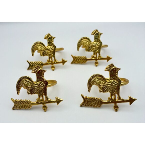 Rooster Napkin Rings Set of 4 Gold Tone Weathervane Rustic Farmhouse Barn Chic - Picture 7 of 7